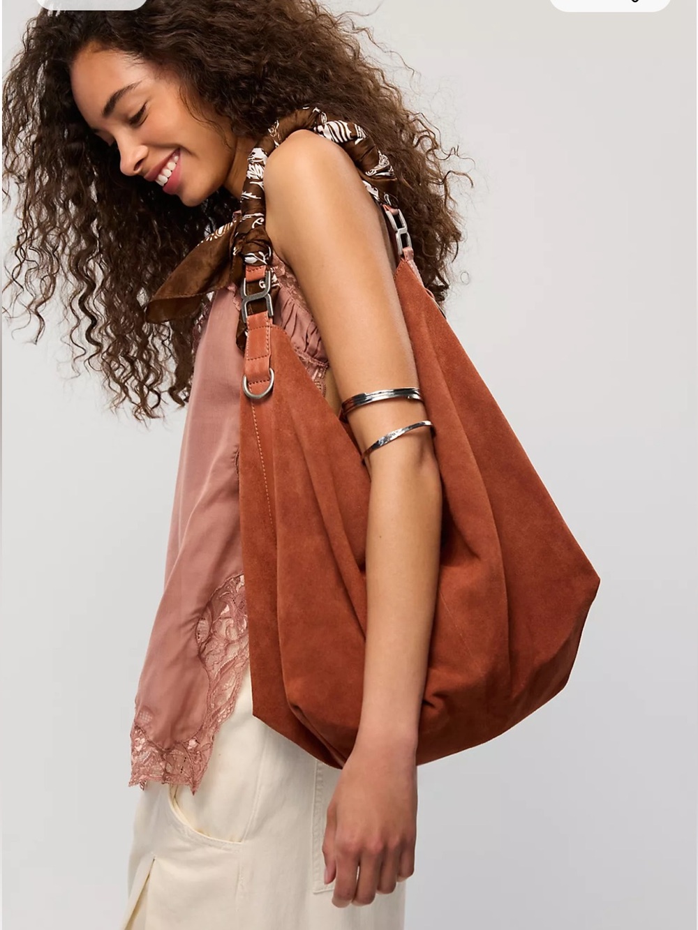 Free People Suzie Suede Slouchy Tote Bag Between Brown Rust Leather NWT